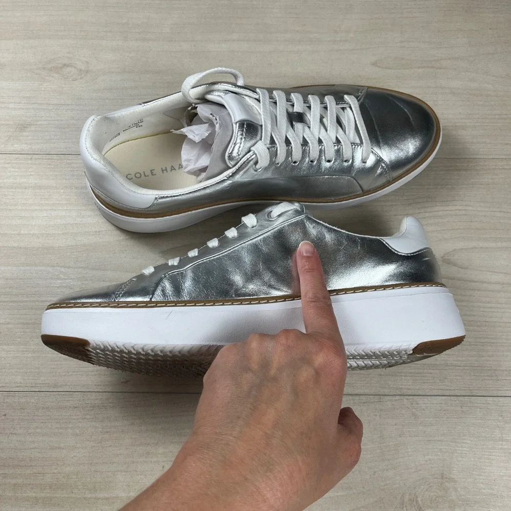 Cole Haan GrandPro Rally Court Metallic Silver Leather Platform Sneakers 7C